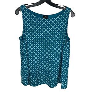 Worthington Blouse Bateau Neckline Turquoise White Layered Hem Sleeveless Large